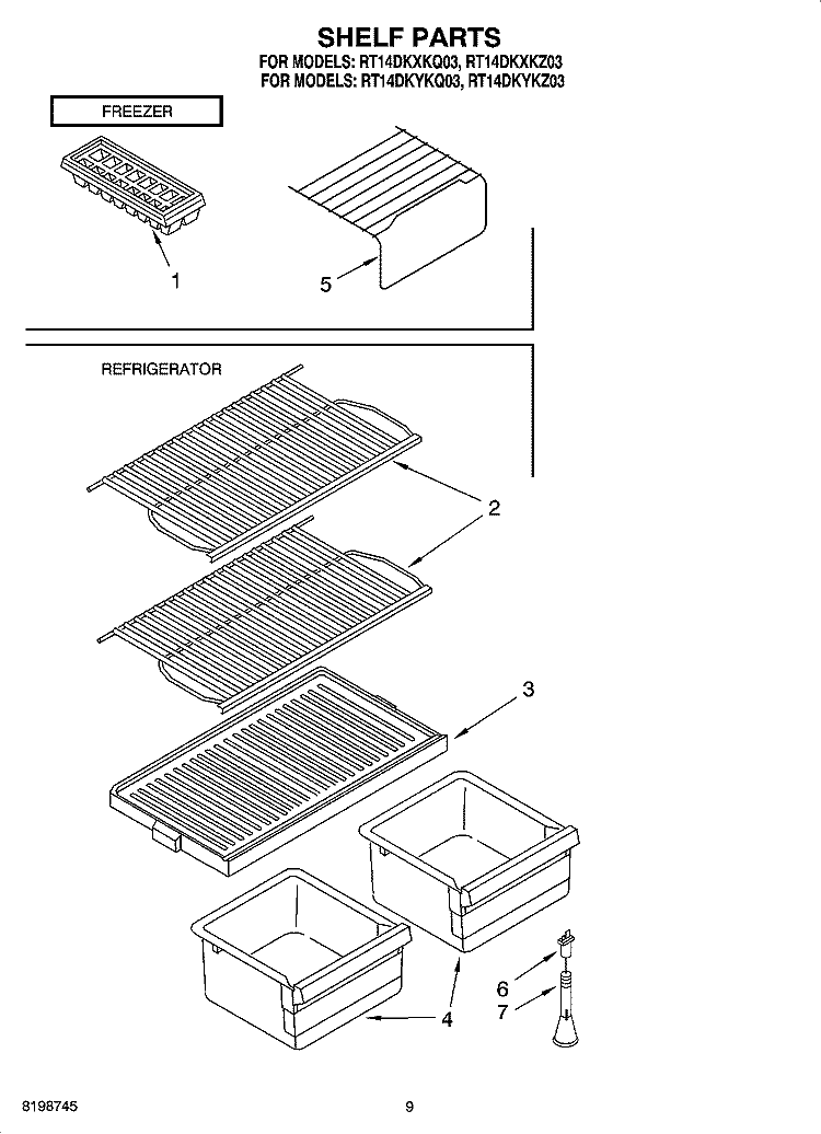 SHELF PARTS, OPTIONAL PARTS Diagram and Parts List for RT14DKYKZ03  Roper Refrigerator