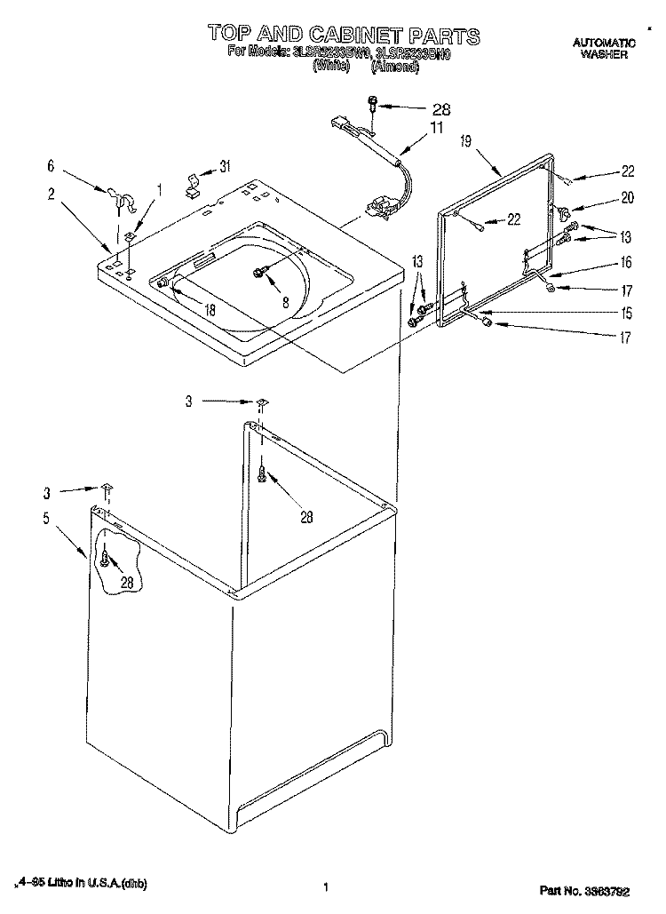 TOP AND CABINET, LIT/OPTIONAL Diagram and Parts List for 3LSR5233BN0  Whirlpool Washer