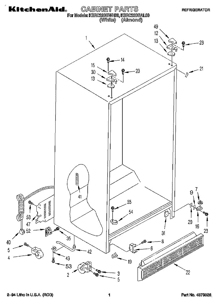 CABINET Diagram and Parts List for KSRC22DBWH00  KitchenAid Refrigerator