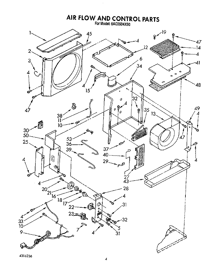 AIR FLOW AND CONTROL Diagram and Parts List for 8AC2504XS0  Whirlpool Air Conditioner
