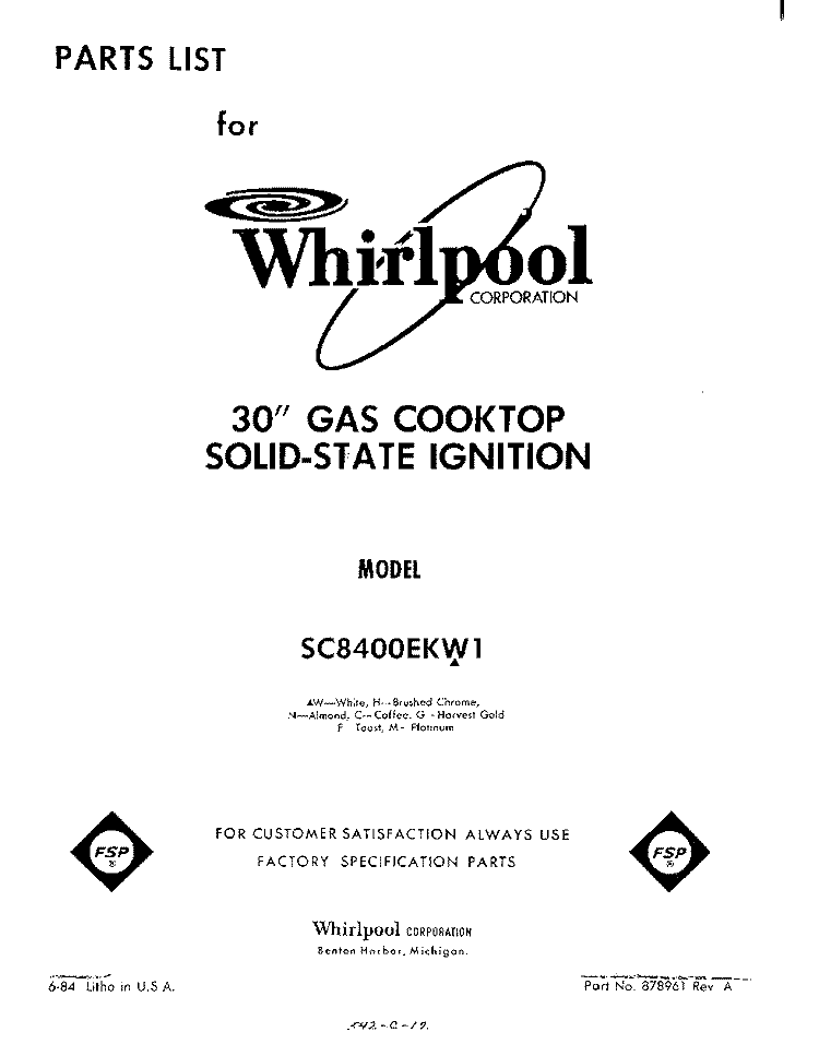 SECTION Diagram and Parts List for SC8400EKW1  Whirlpool Cooktop