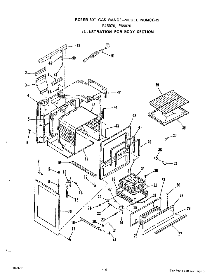 BODY Diagram and Parts List for F4507W0  Roper Range