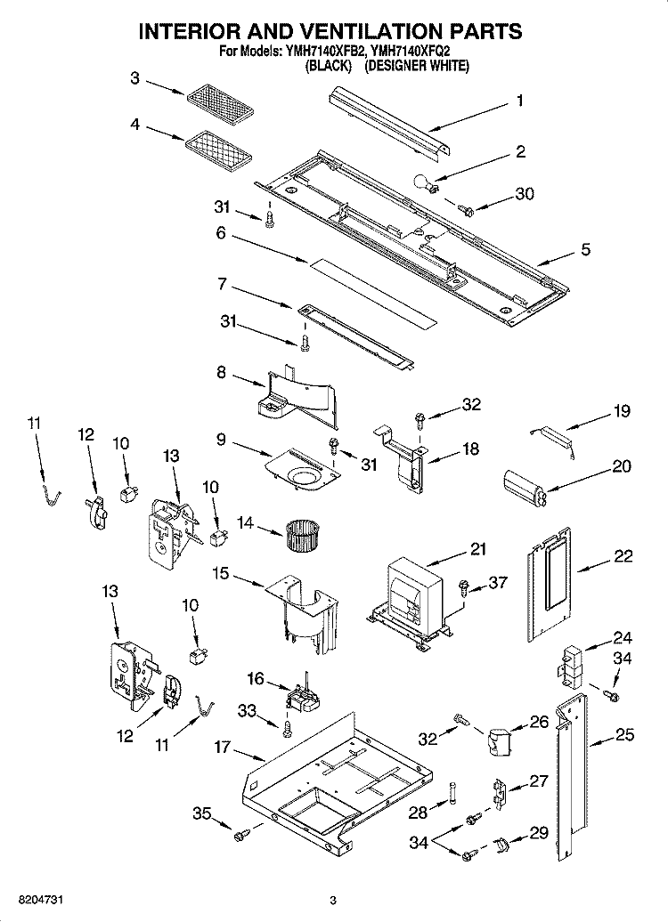 INTERIOR AND VENTILATION PARTS Diagram and Parts List for YMH7140XFB2  Whirlpool Microwave