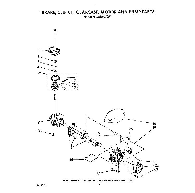 BRAKE, CLUTCH, GEARCASE, MOTOR AND PUMP Diagram and Parts List for 4LA6300XXW1  Whirlpool Washer