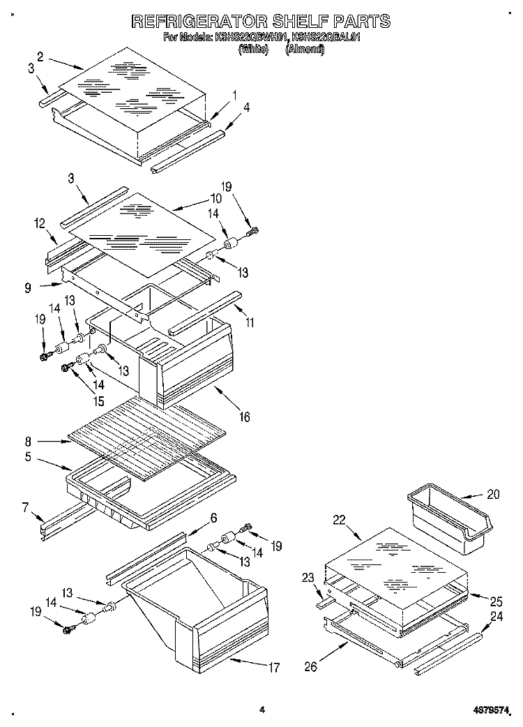 REFRIGERATOR SHELF Diagram and Parts List for KSHS22QBWH01  KitchenAid Refrigerator