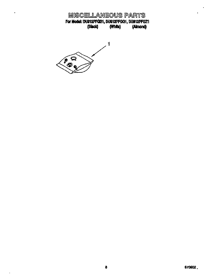 MISCELLANEOUS, OPTIONAL Diagram and Parts List for DU912PFGB1  Whirlpool Dishwasher