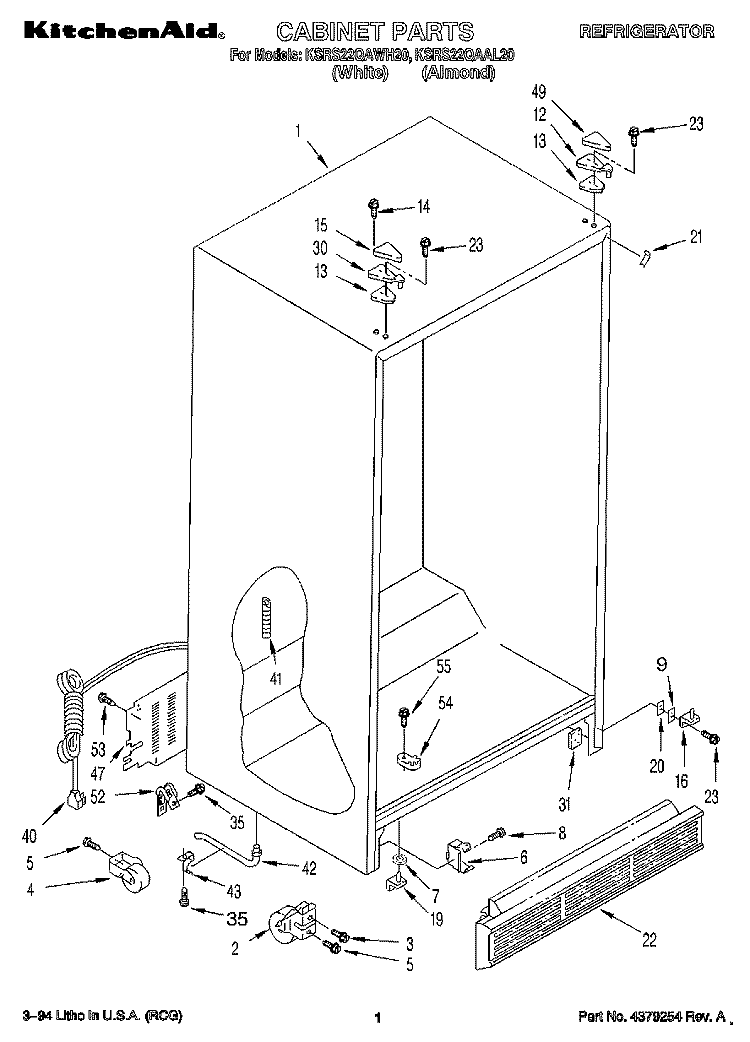 CABINET Diagram and Parts List for KSRS22QAAL20  KitchenAid Refrigerator