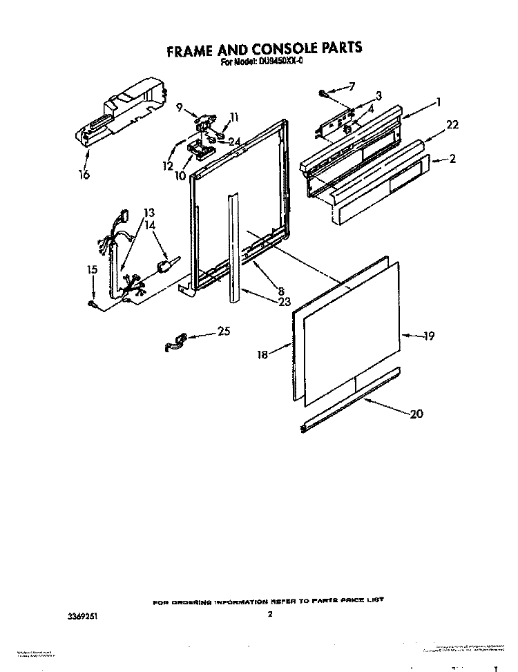 FRAME AND CONSOLE Diagram and Parts List for DU9450XX0  Whirlpool Dishwasher