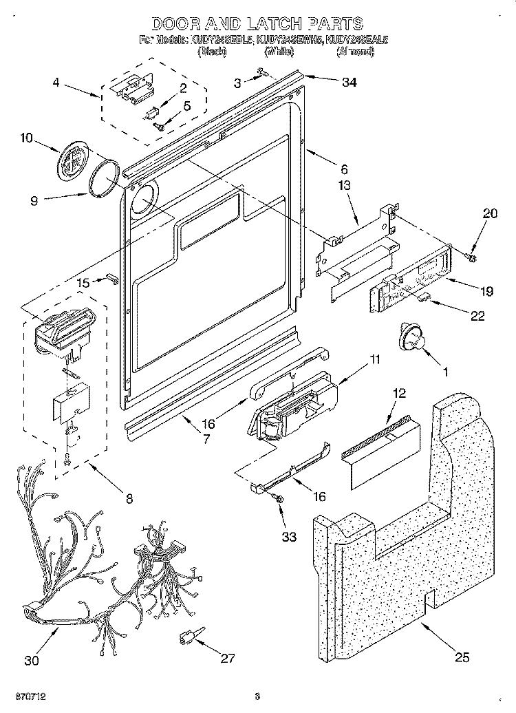 DOOR AND LATCH Diagram and Parts List for KUDY24SEAL5  KitchenAid Dishwasher