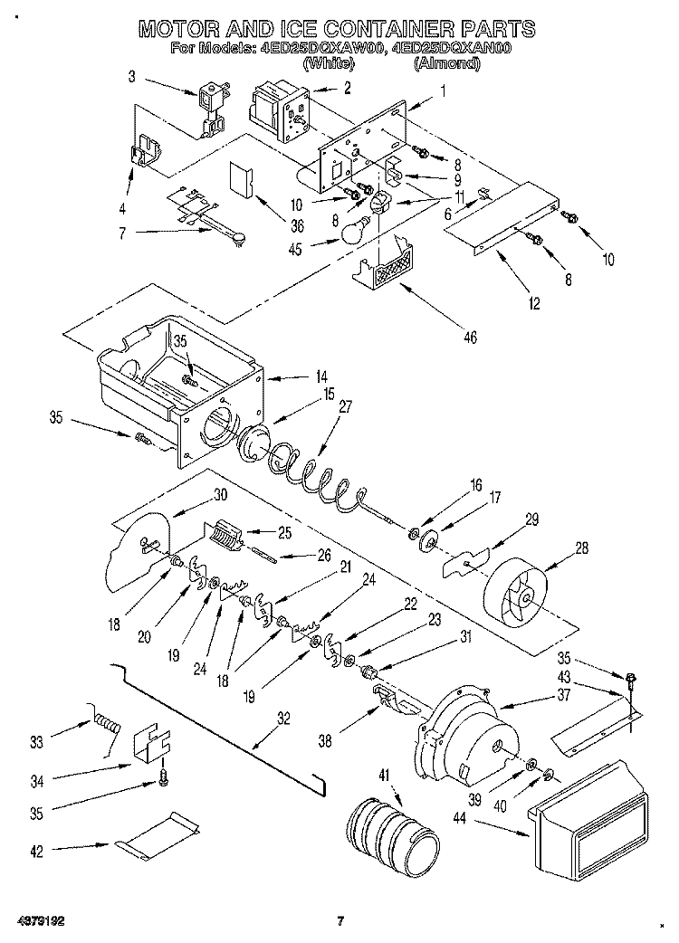 MOTOR AND ICE CONTAINER Diagram and Parts List for 4ED25DQXAW00  Whirlpool Refrigerator