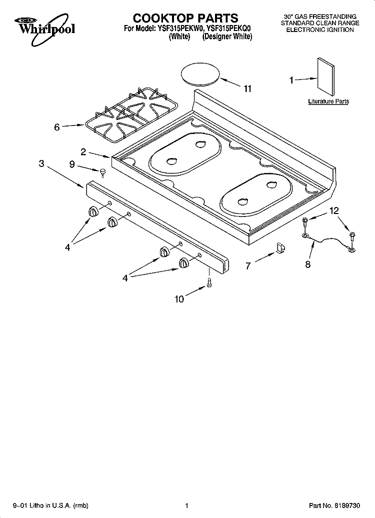COOKTOP PARTS Diagram and Parts List for YSF315PEKQ0  Whirlpool Range