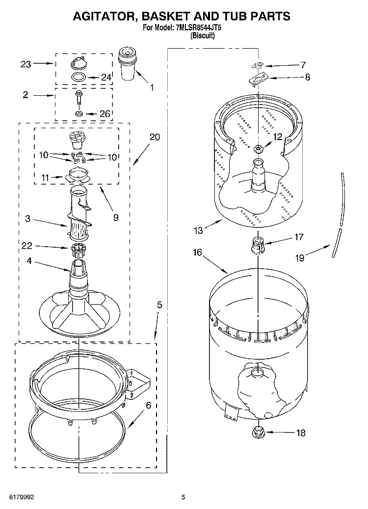 AGITATOR, BASKET AND TUB PARTS Diagram and Parts List for 7MLSR8544JT5  Whirlpool Washer