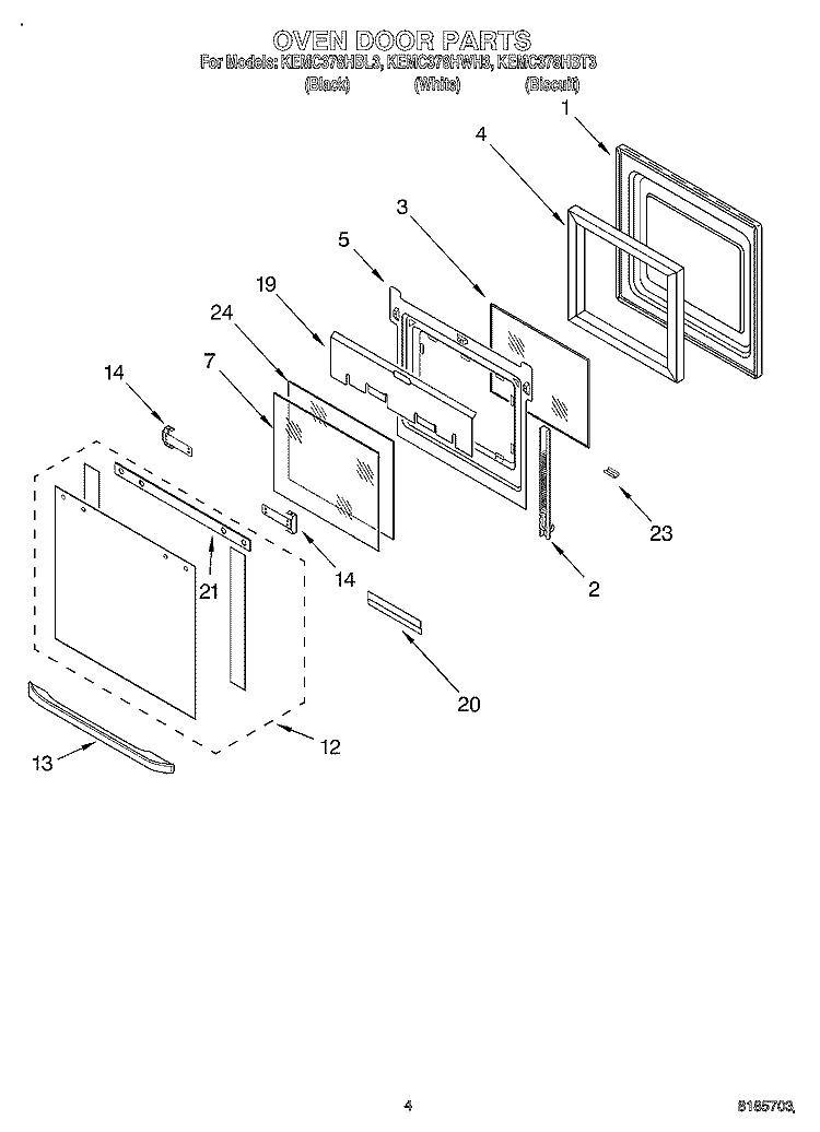 OVEN DOOR Diagram and Parts List for KEMC378HWH3  KitchenAid Microwave Oven Combo