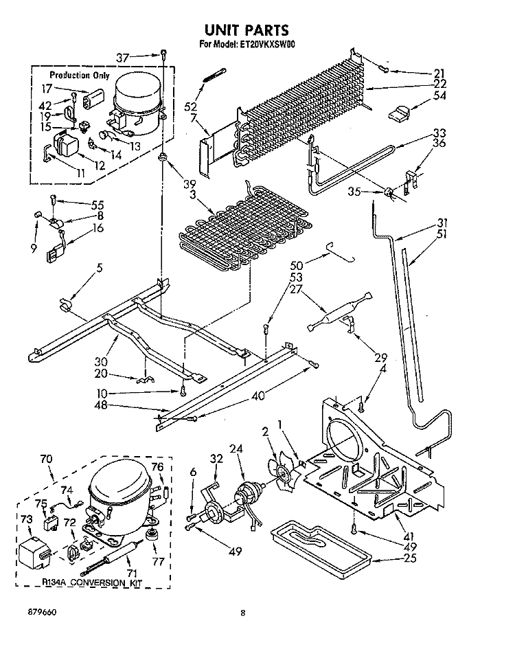 UNIT Diagram and Parts List for ET20VKXSW00  Whirlpool Refrigerator