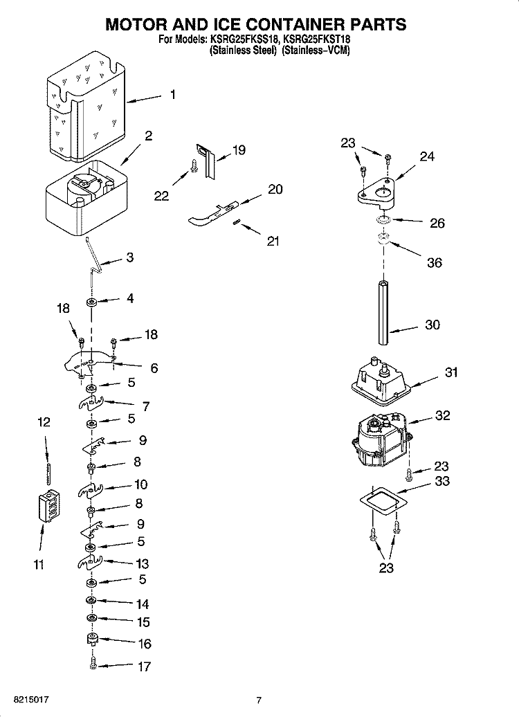 MOTOR AND ICE CONTAINER PARTS Diagram and Parts List for KSRG25FKST18  KitchenAid Refrigerator