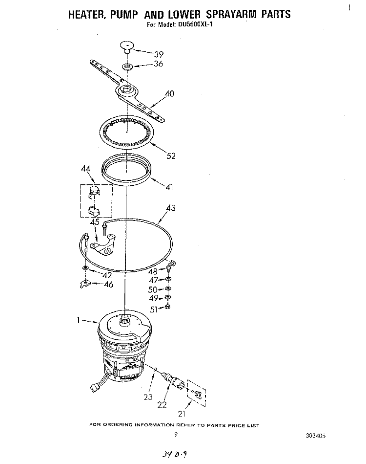 HEATER, PUMP, AND LOWER SPRAYARM Diagram and Parts List for DU5500XL1  Whirlpool Dishwasher