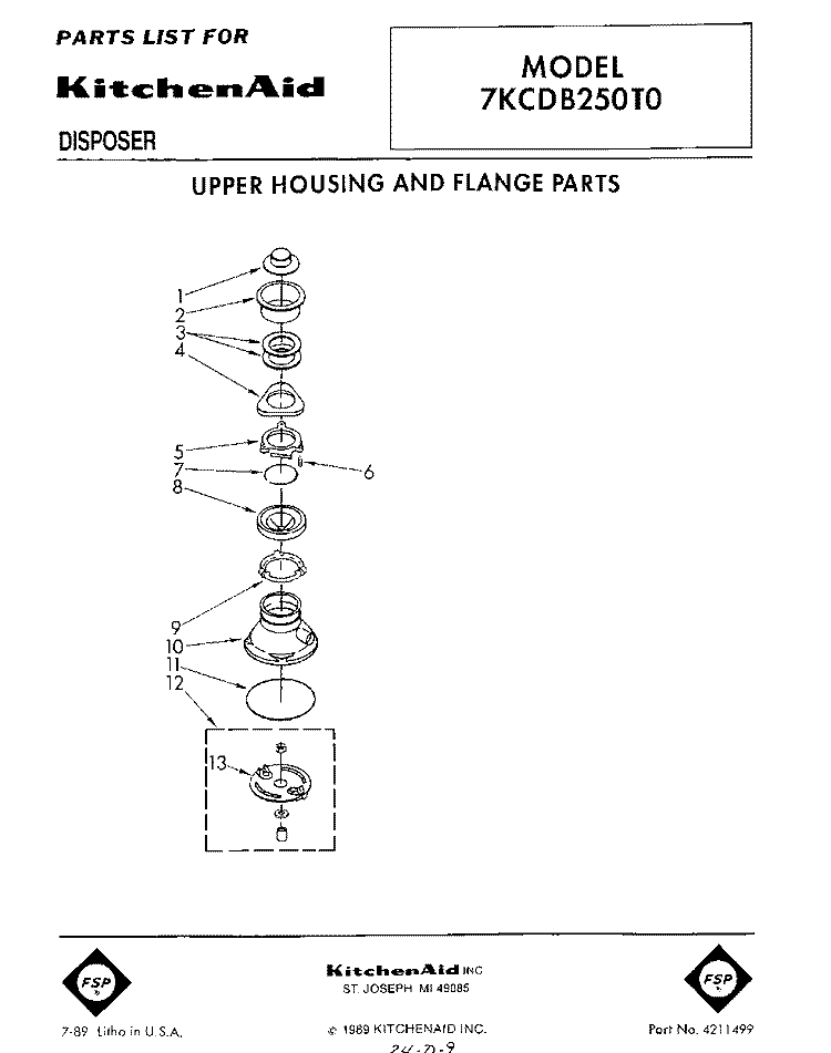 SECTION Diagram and Parts List for 7KCDB250T0  KitchenAid Food Waste Disposer