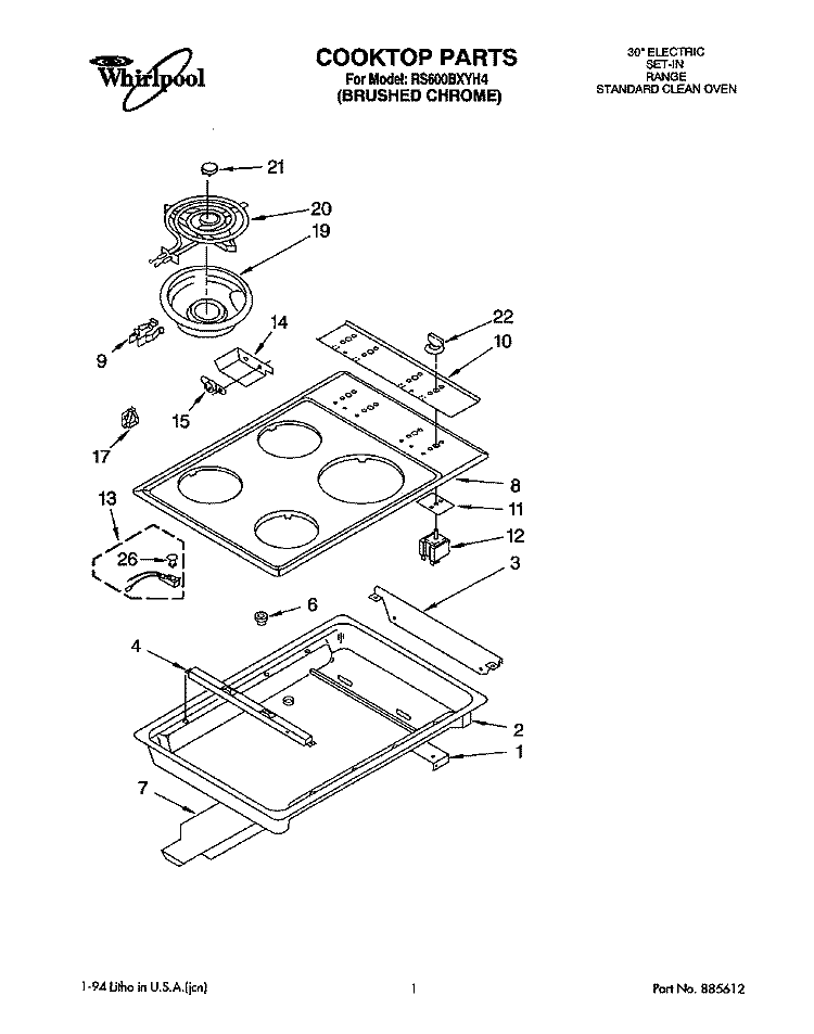 COOKTOP, LITERATURE Diagram and Parts List for RS600BXYH4  Whirlpool Range