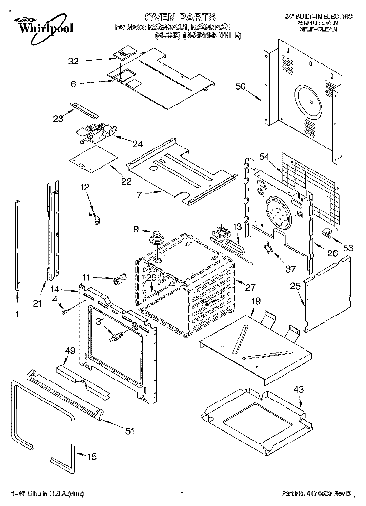 OVEN Diagram and Parts List for RBS245PDB1  Whirlpool Wall Oven