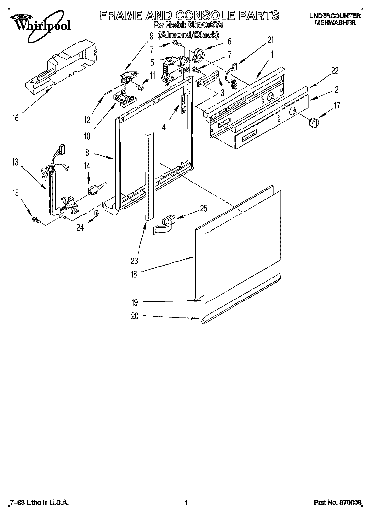 FRAME AND CONSOLE Diagram and Parts List for DU8700XY4  Whirlpool Dishwasher
