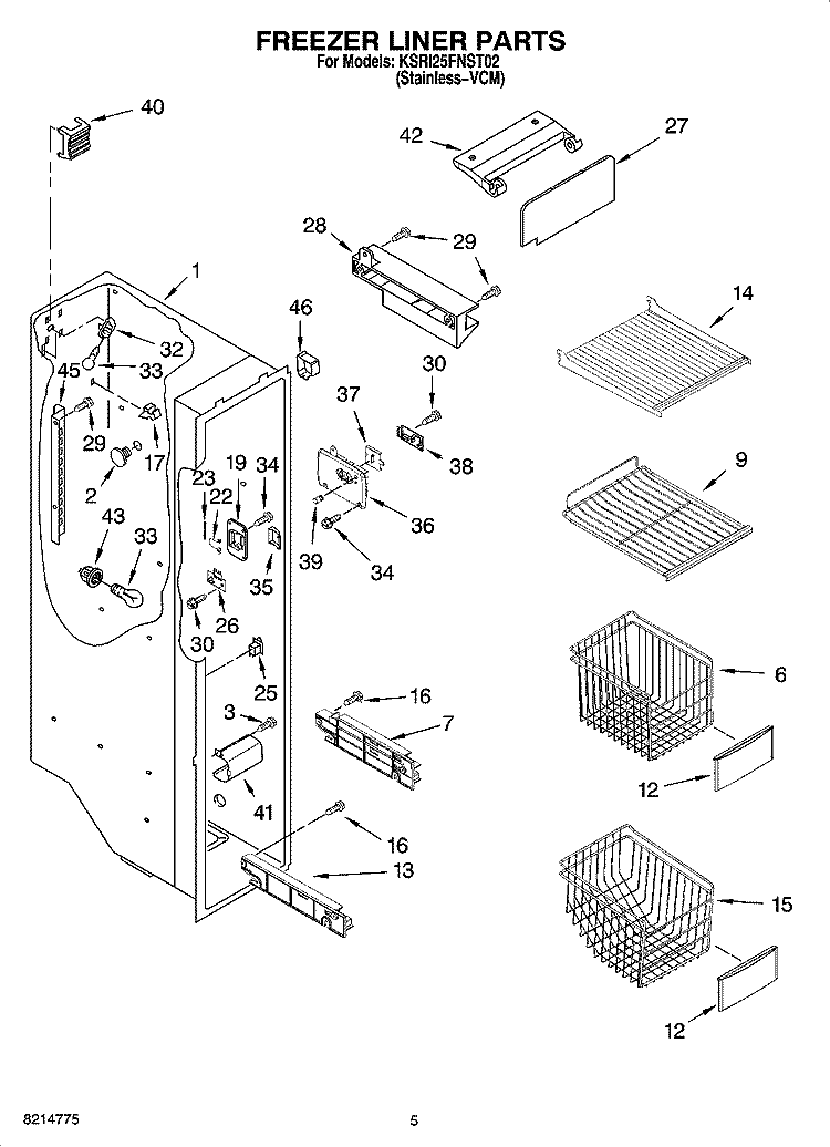 FREEZER LINER PARTS Diagram and Parts List for KSRI25FNST02  KitchenAid Refrigerator