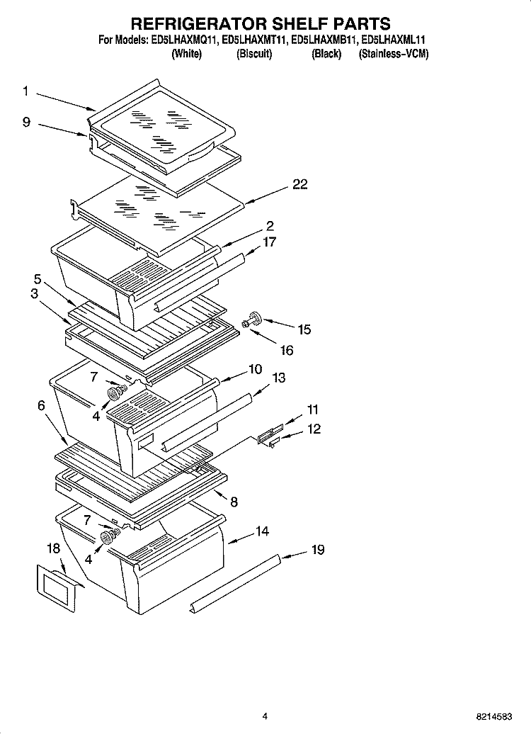 REFRIGERATOR SHELF PARTS Diagram and Parts List for ED5LHAXML11  Whirlpool Refrigerator
