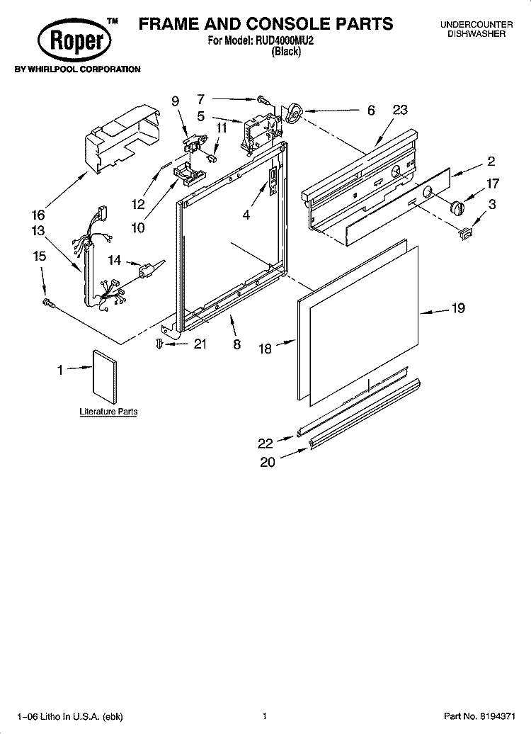 FRAME AND CONSOLE PARTS Diagram and Parts List for RUD4000MU2  Roper Dishwasher