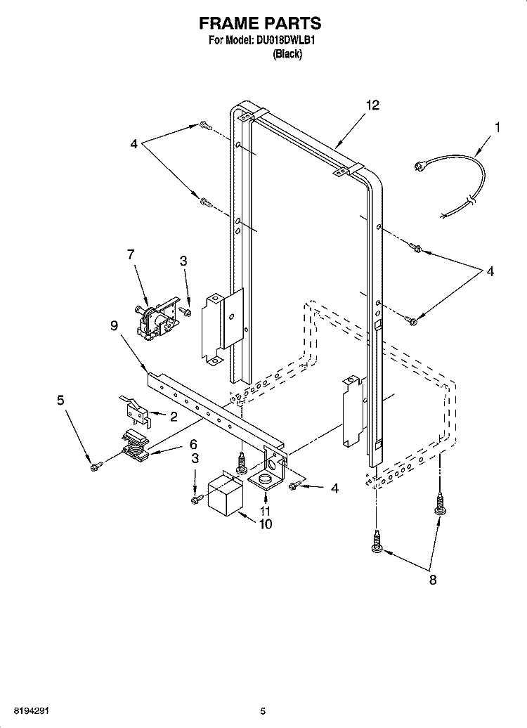 FRAME PARTS Diagram and Parts List for DU018DWLB1  Whirlpool Dishwasher