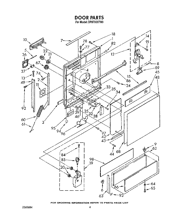 DOOR Diagram and Parts List for DP8700XTN3  Whirlpool Dishwasher
