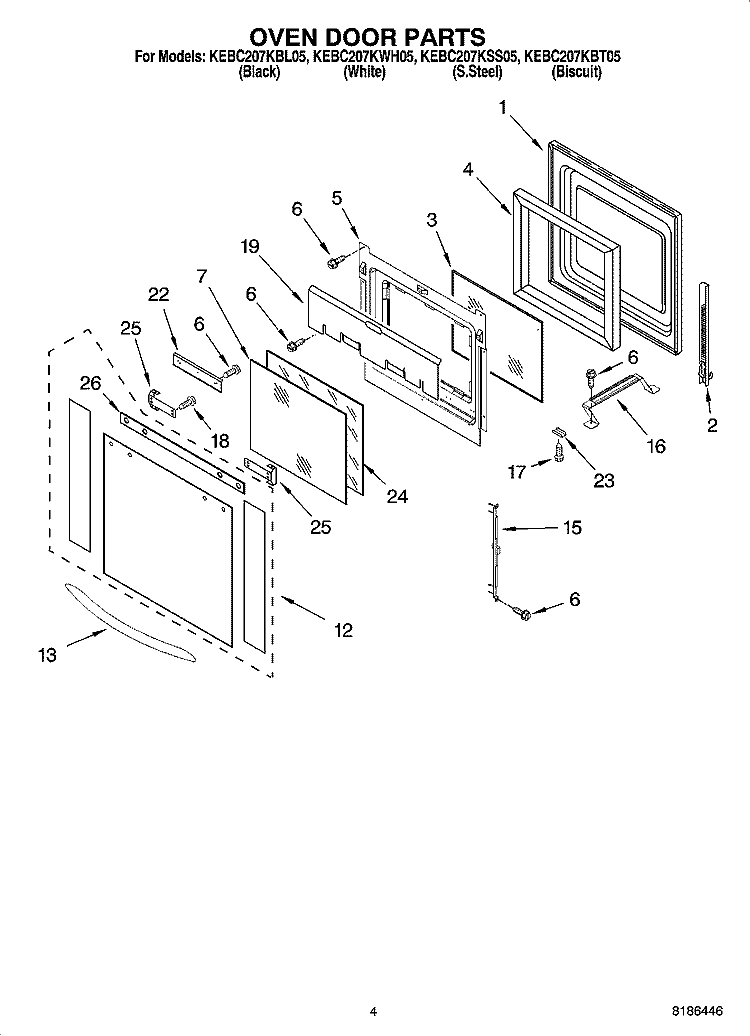 OVEN DOOR PARTS Diagram and Parts List for KEBC207KBT05  KitchenAid Wall Oven