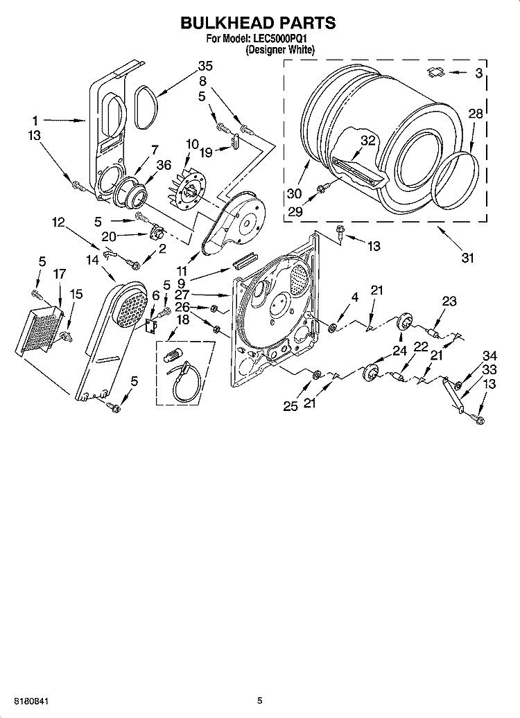 BULKHEAD PARTS, OPTIONAL PARTS (NOT INCLUDED) Diagram and Parts List for LEC5000PQ1  Whirlpool Dryer