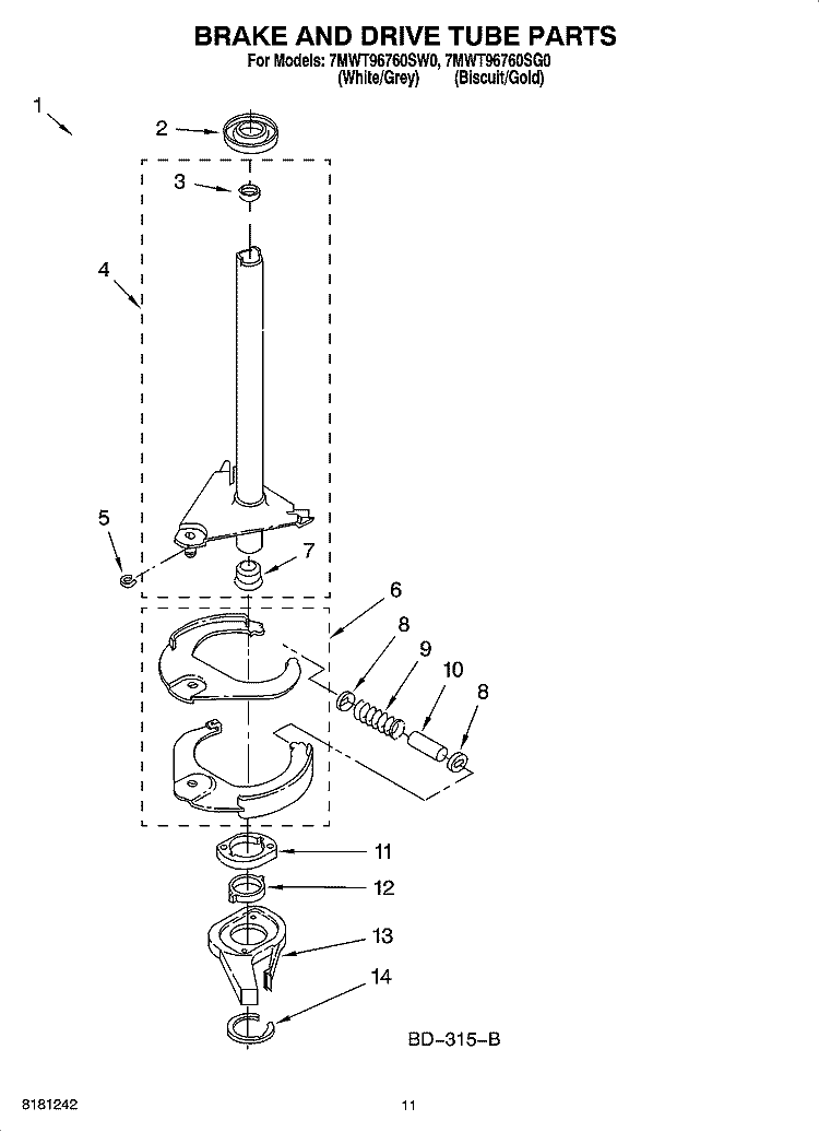 BRAKE AND DRIVE TUBE PARTS Diagram and Parts List for 7MWT96760SG0  Whirlpool Washer