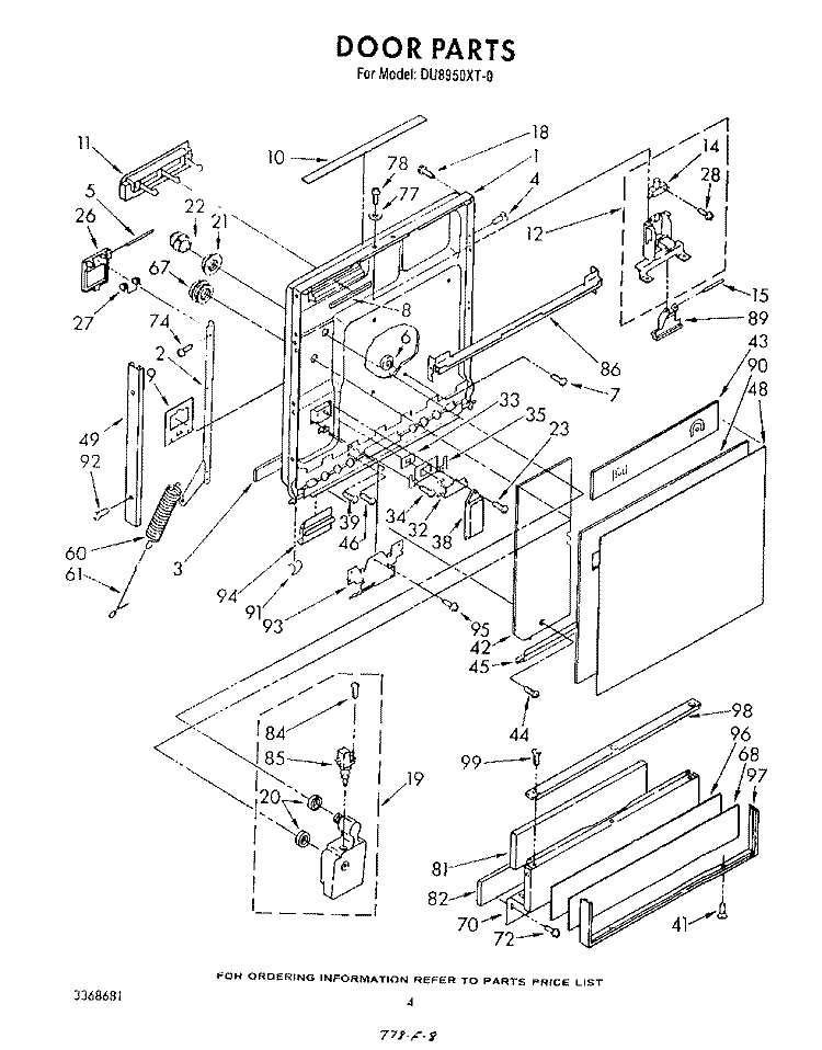 DOOR Diagram and Parts List for DU8950XT0  Whirlpool Dishwasher