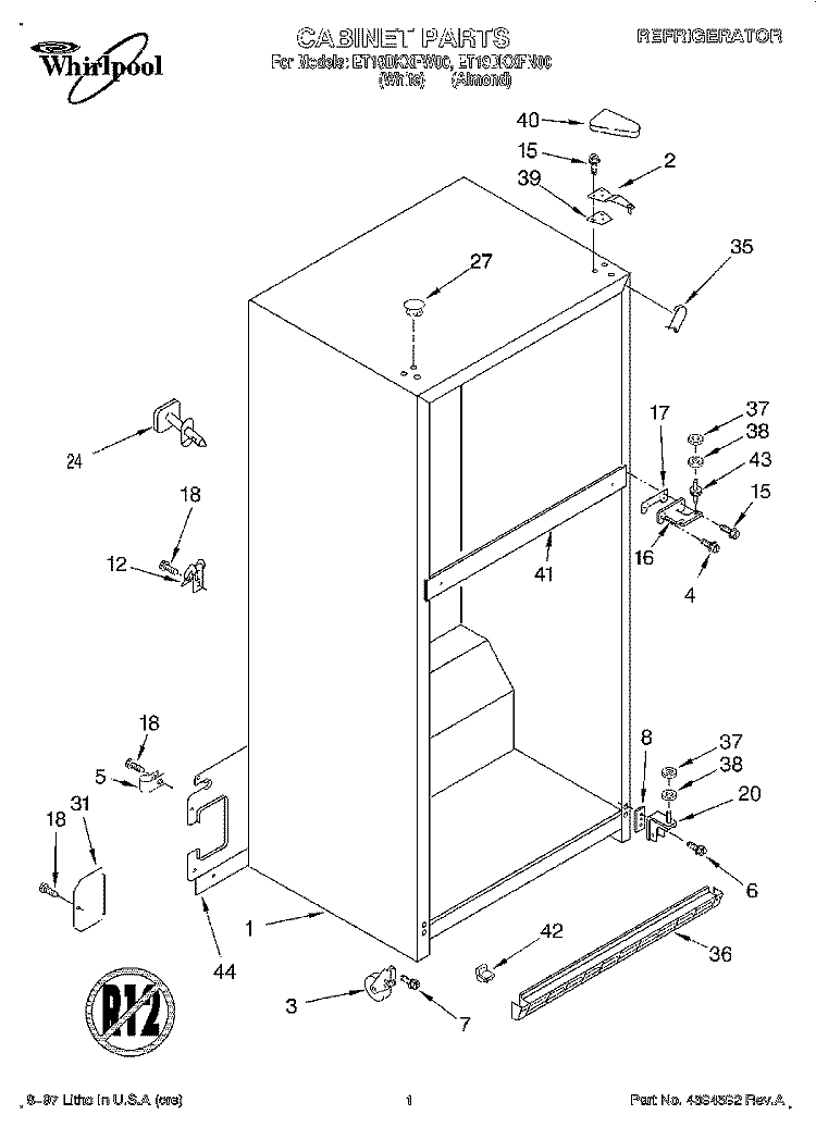 CABINET Diagram and Parts List for ET19DKXFN00  Whirlpool Refrigerator