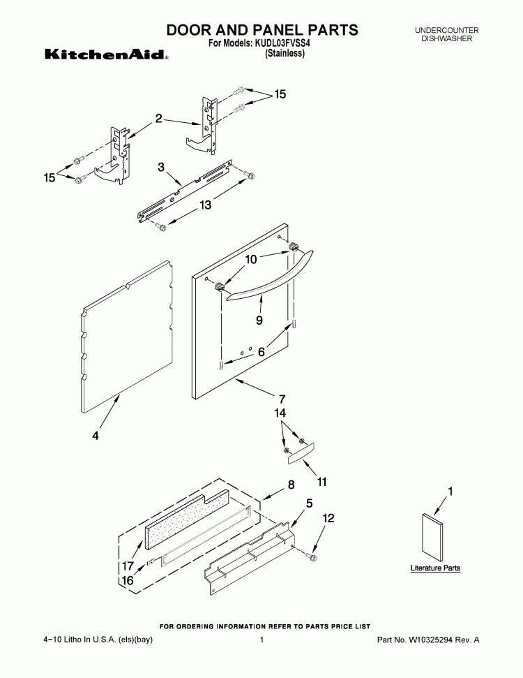 DOOR AND PANEL PARTS Diagram and Parts List for KUDL03FVSS4  KitchenAid Dishwasher