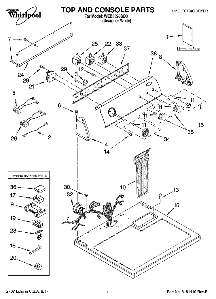 TOP AND CONSOLE PARTS Diagram and Parts List for WED5520SQ0  Whirlpool Dryer