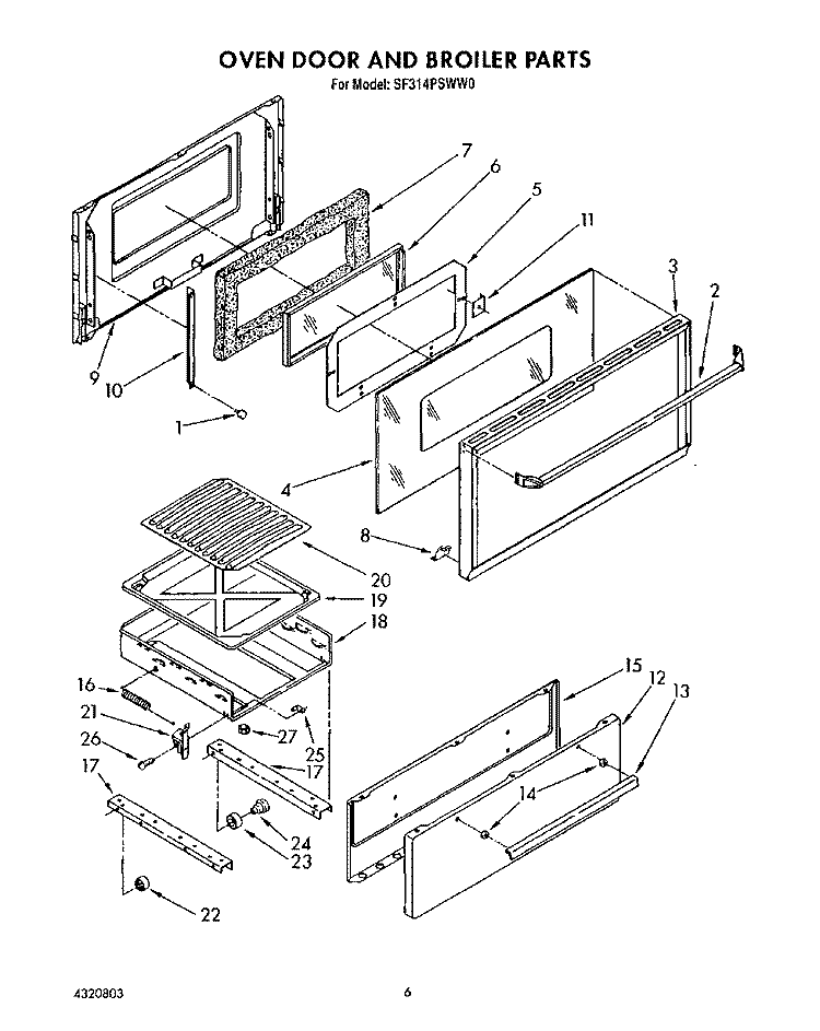 OVEN DOOR AND BROILER Diagram and Parts List for SF314PSWW0  Whirlpool Range