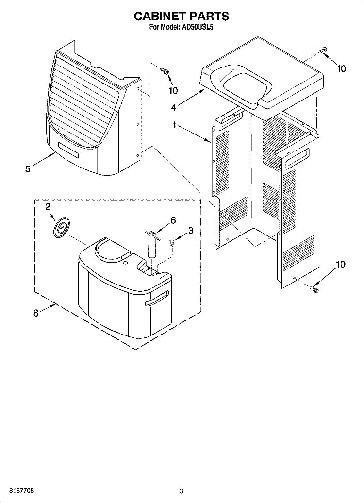 CABINET PARTS Diagram and Parts List for AD50USL5  Whirlpool Dehumidifier