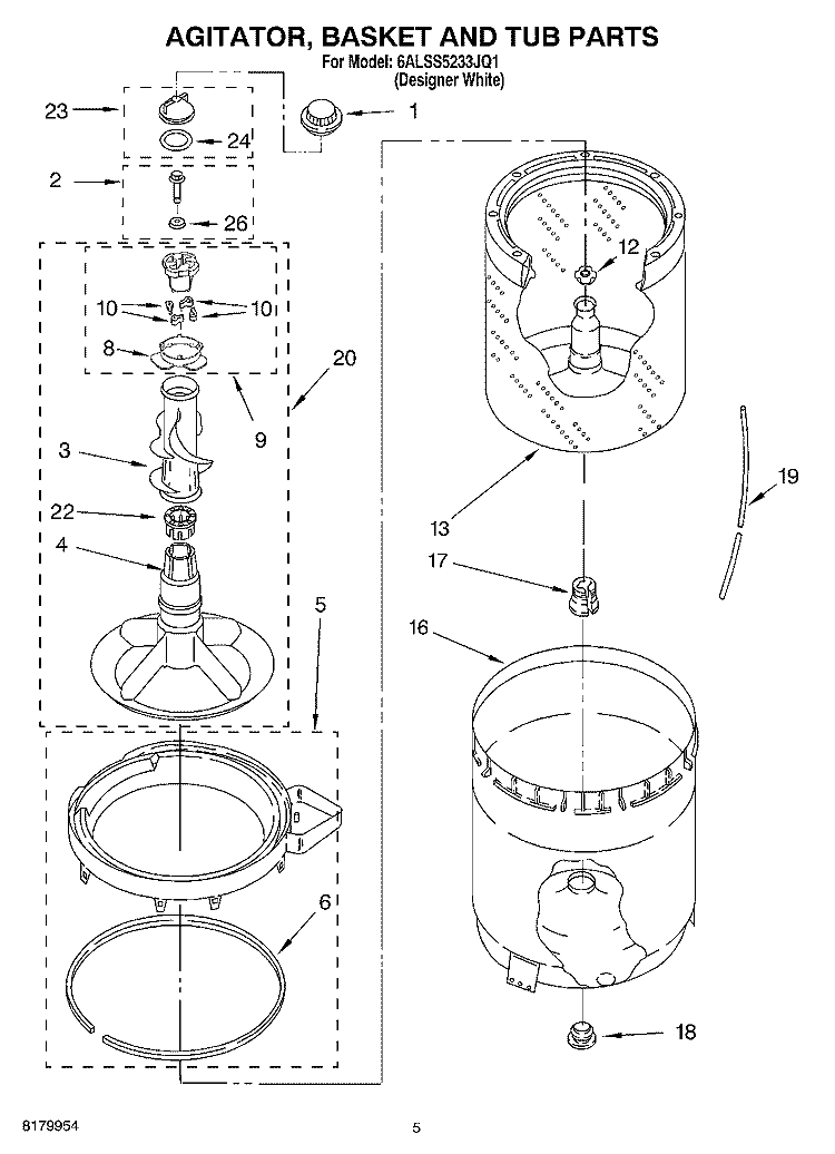 AGITATOR, BASKET AND TUB PARTS Diagram and Parts List for 6ALSS5233JQ1  Whirlpool Washer
