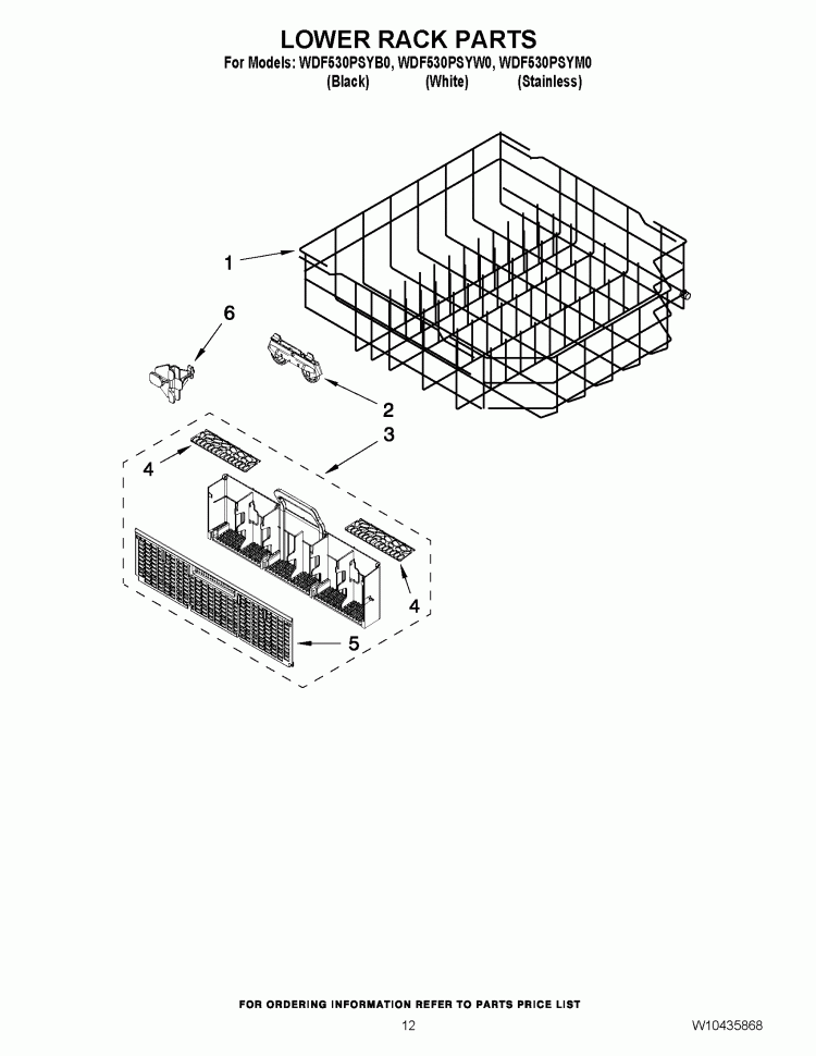 LOWER RACK PARTS Diagram and Parts List for WDF530PSYW0  Whirlpool Dishwasher