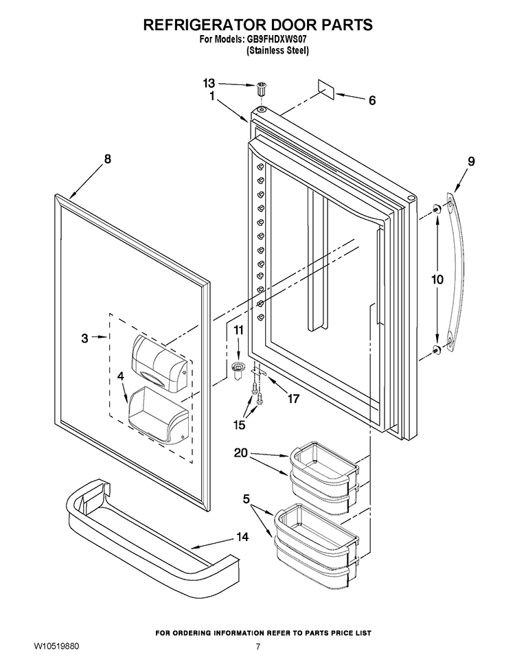 REFRIGERATOR DOOR PARTS Diagram and Parts List for GB9FHDXWS07  Whirlpool Refrigerator