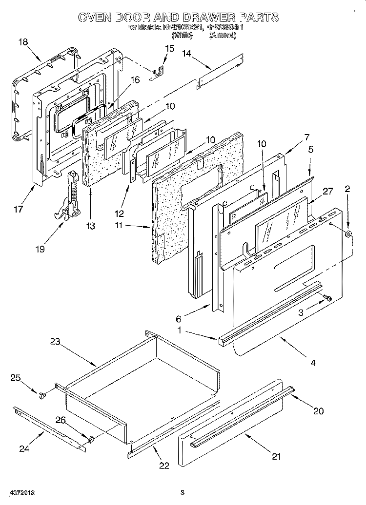 OVEN DOOR AND DRAWER Diagram and Parts List for RF4700XEW1  Whirlpool Range
