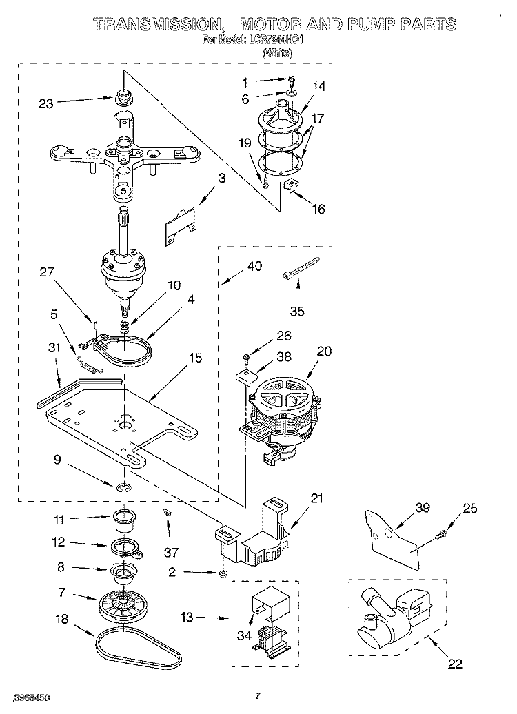 TRANSMISSION, MOTOR AND PUMP Diagram and Parts List for LCR7244HQ1  Whirlpool Washer