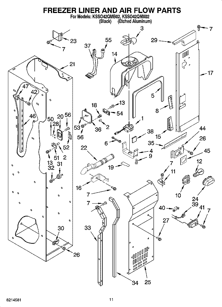 FREEZER LINER AND AIR FLOW PARTS Diagram and Parts List for KSSO42QMB02  KitchenAid Refrigerator
