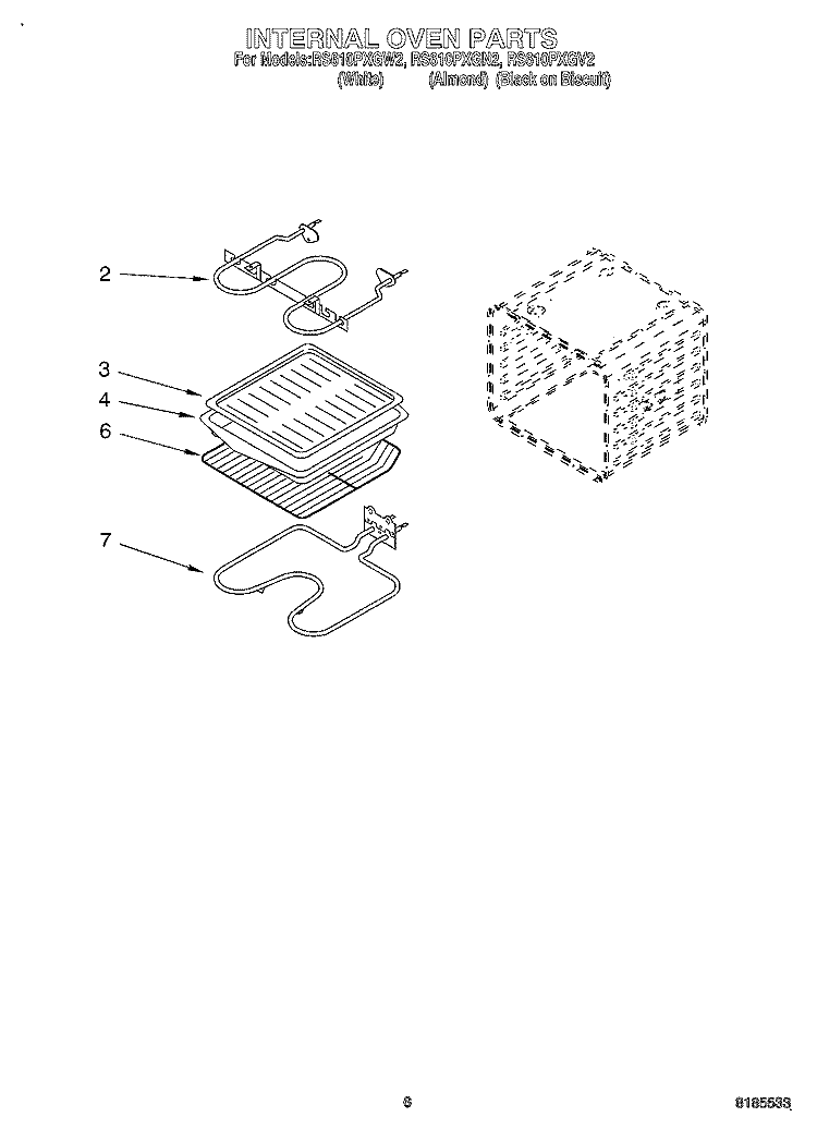 INTERNAL OVEN Diagram and Parts List for RS610PXGW2  Whirlpool Range
