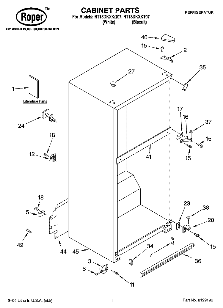 CABINET PARTS Diagram and Parts List for RT18DKXKQ07  Roper Refrigerator
