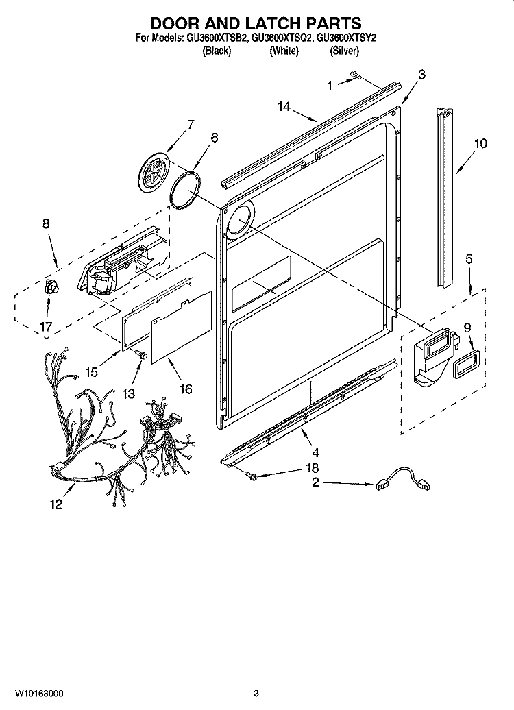 DOOR AND LATCH PARTS Diagram and Parts List for GU3600XTSY2  Whirlpool Dishwasher