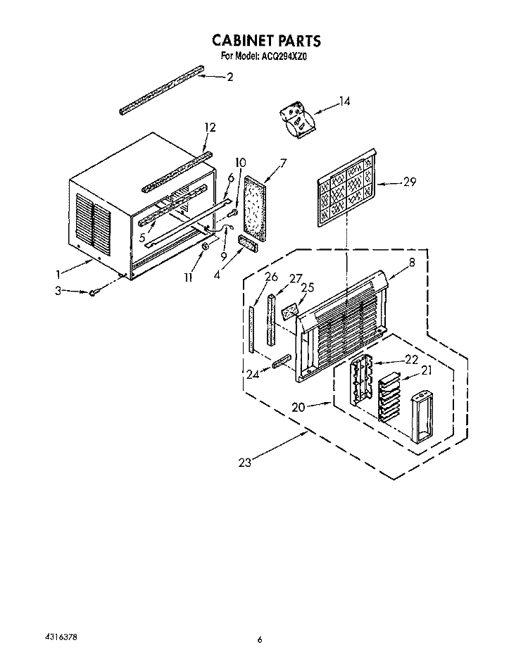 CABINET Diagram and Parts List for ACQ294XZ0  Whirlpool Air Conditioner