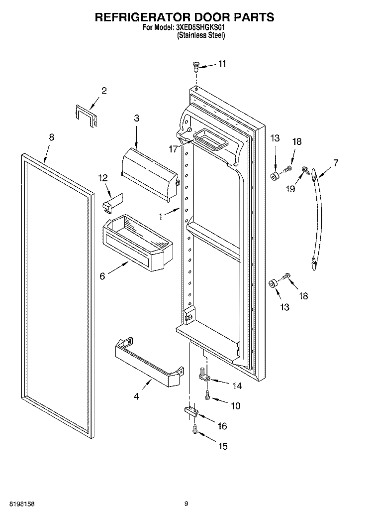 REFRIGERATOR DOOR Diagram and Parts List for 3XED5SHGKS01  Whirlpool Refrigerator