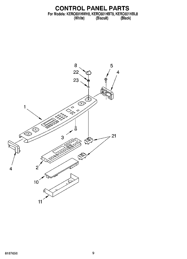 CONTROL PANEL Diagram and Parts List for KERC601HBL8  KitchenAid Range
